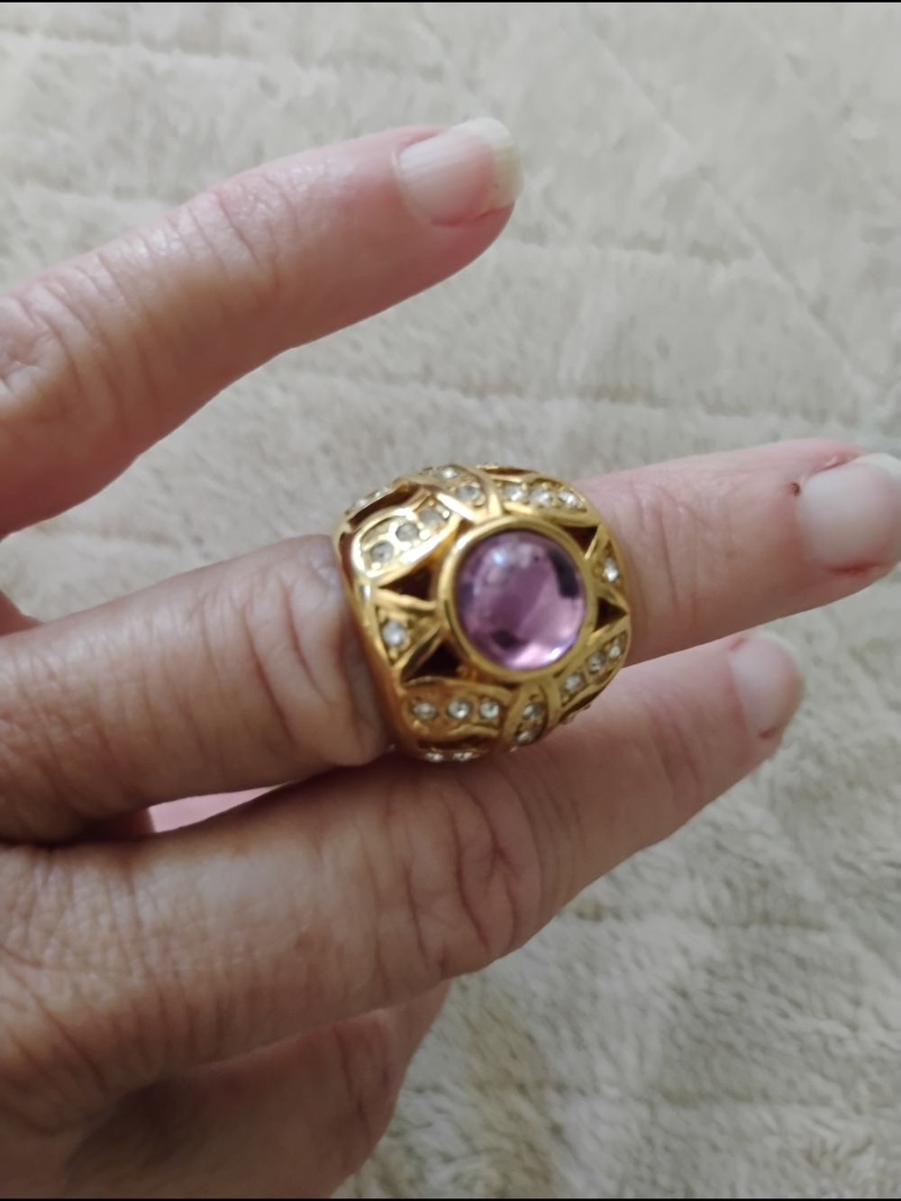 Gold-Tone Ring with Purple Gemstone and Crystal Accents